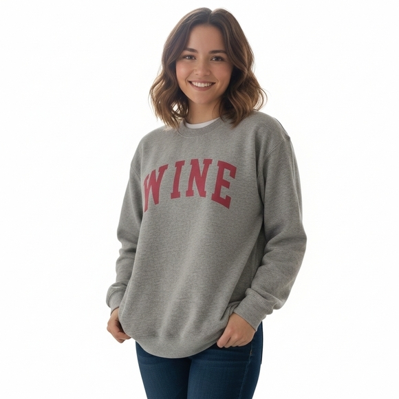 Tops - Gray Sweatshirt with Red 'WINE' Print Novelty Cozy